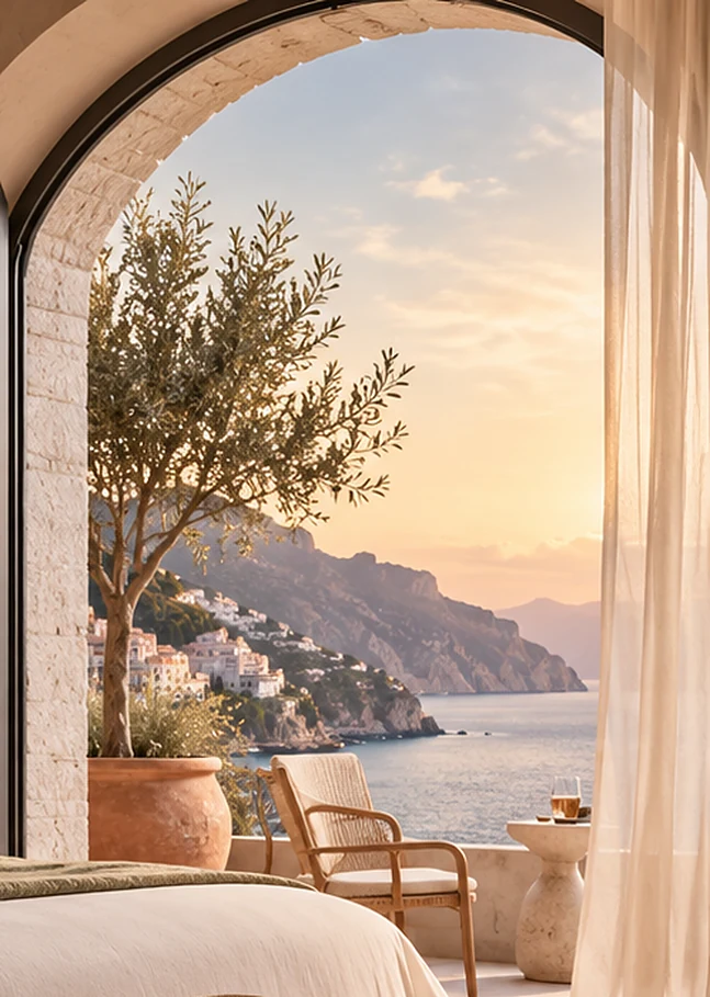 An arched window with an olive tree in a clay pot and a view of a bay at sunset