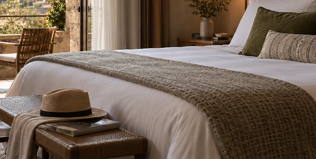A wide bed with a woven olive blanket and white pillows in warm evening light
