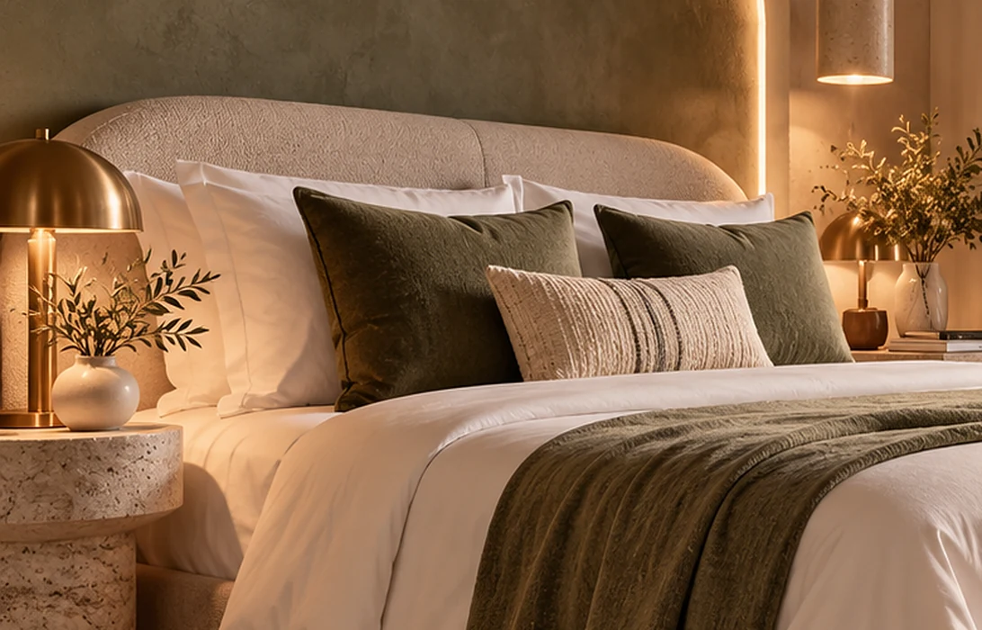 A linen bed with olive green cushions, a brass lamp and a round stone bedside table