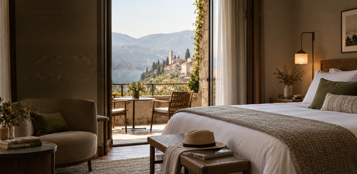 A guest room with a linen bed, an olive green cushion, an armchair and open balcony doors onto a hillside village and a lake