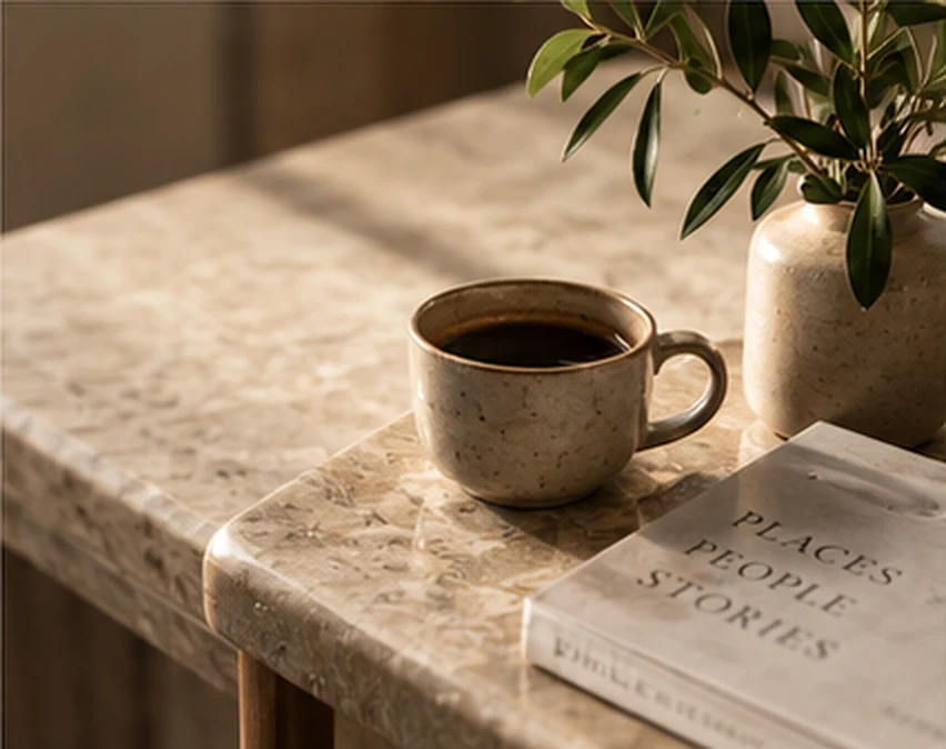 A stone cup of black coffee on a marble ledge beside an olive branch and a closed book