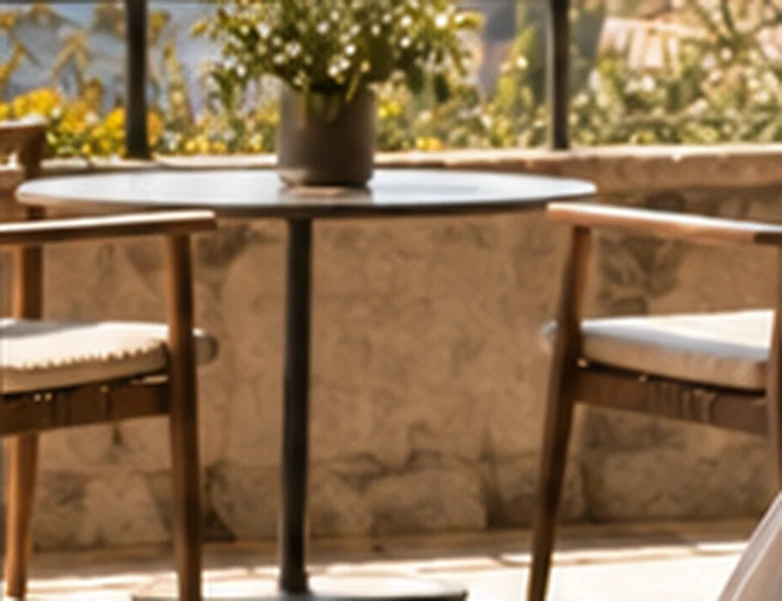 A small round table and woven chairs on a stone terrace above the lake